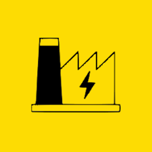 icon of a factory with an electricity bult in the middle