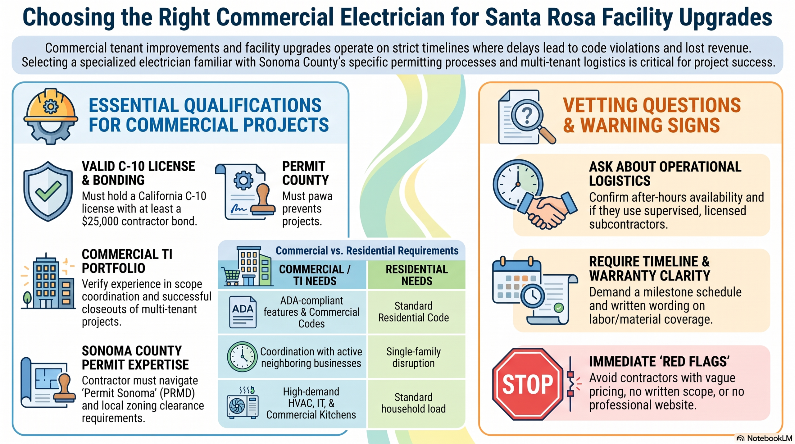 Santa Rosa commercial electrician hiring guide infographic. Outlines essential requirements for Sonoma County tenant improvements, including valid C-10 licensing, Permit Sonoma expertise, operational vetting questions, and immediate hiring red flags.
