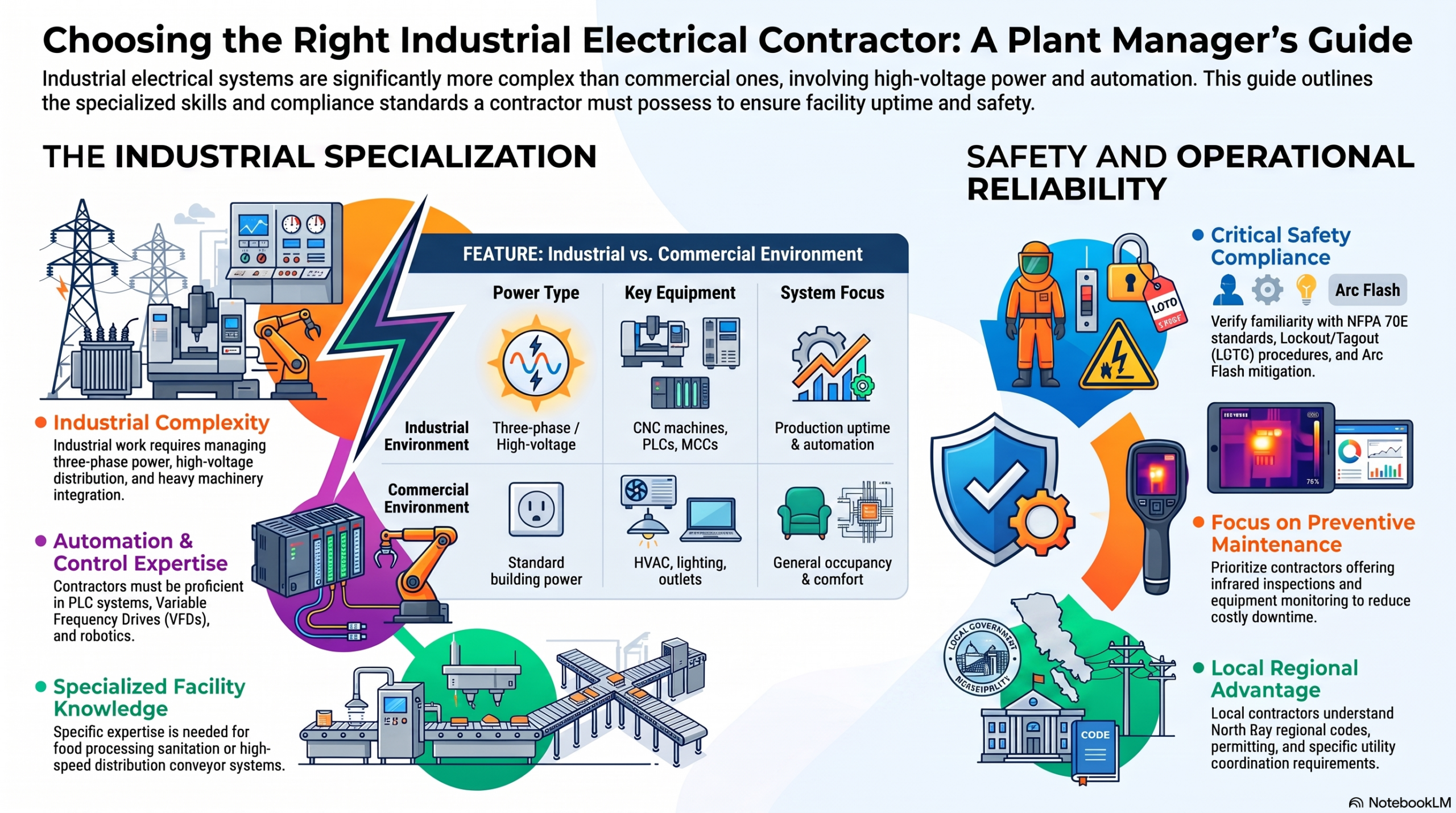 Infographic outlining how to choose an industrial electrical contractor, comparing industrial versus commercial environments in power type, equipment, system focus, and safety compliance.