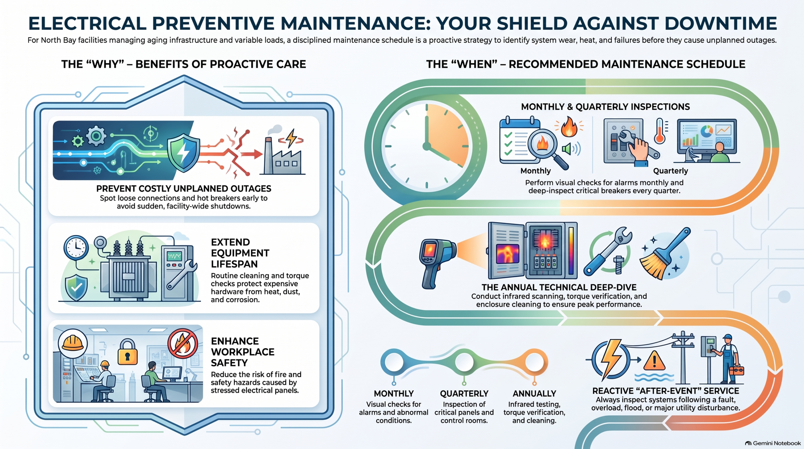 At the top, the infographic features a bold header reading "Electrical Preventive Maintenance Guide: How to Prevent Downtime Before It Starts. 
The layout is divided into four main visual blocks:
Section 1: The Essential Checklist. This section utilizes clean, modern icons to represent the primary systems that need regular inspection: service and distribution panels, motor control centers, disconnect switches, transformers, generators, UPS systems, and critical grounding points. 

Section 2: The Recommended Schedule. Arranged as an easy-to-follow timeline, it outlines maintenance frequencies. It details monthly visual checks for obvious abnormalities, quarterly inspections of critical breakers, semiannual services for high-load systems, and annual comprehensive infrared scans and torque verification.

Section 3: System Warning Signs. Highlighted with alert icons, this section lists red flags that require immediate attention from a commercial electrician, including buzzing noises, warm electrical panels, frequent nuisance tripping, and flickering lights
.
Section 4: Regional Context & Partner Selection. Emphasizes the unique electrical demands of diverse North Bay industries. It outlines key traits of an excellent service partner—like clear inspection reporting, thermographic testing capabilities, and flexible scheduling—and provides contact information for Knights’ Electric in the North Bay area
.