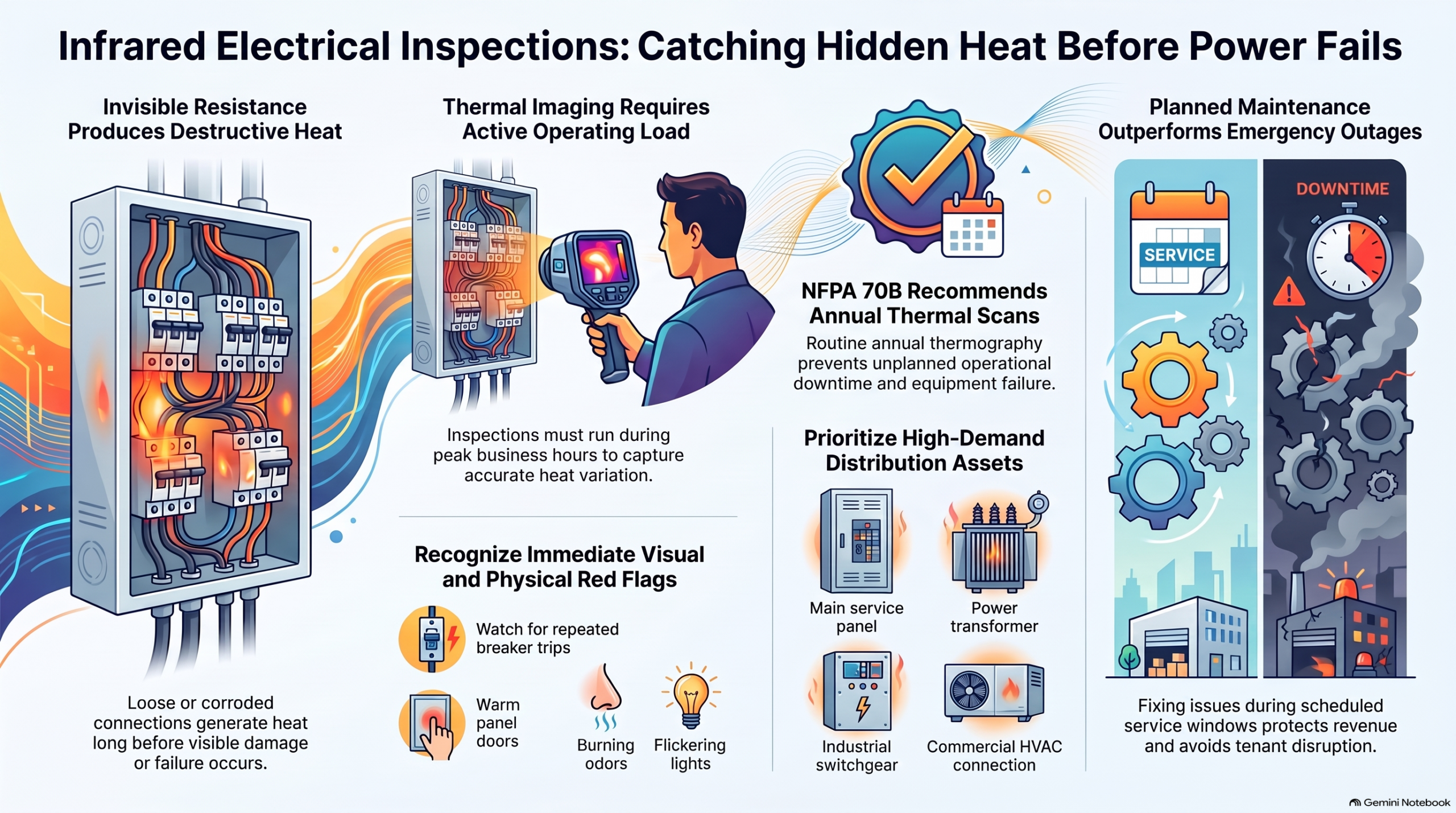 An informative infographic titled "Infrared Electrical Inspection for North Bay Commercial Buildings: When It Pays for Itself," explaining thermal imaging technology, key scanning points, warning signs of electrical heat issues, and how routine scans prevent unplanned downtime 