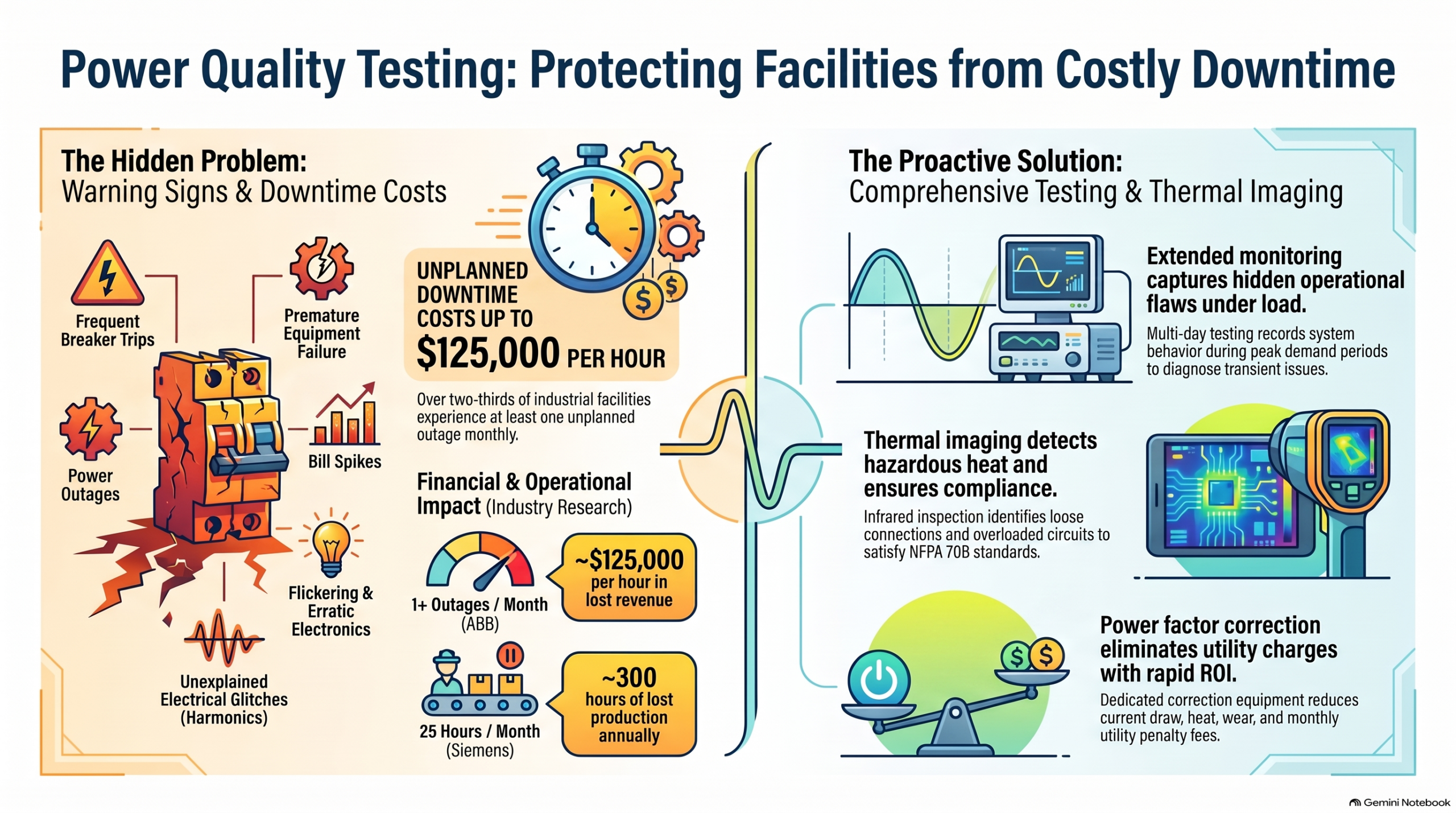 An informative visual infographic titled "Power Quality Testing for North Bay Facilities," breaking down electrical warning signs, power factor inefficiency, diagnostic procedures, and preventive maintenance benefits
